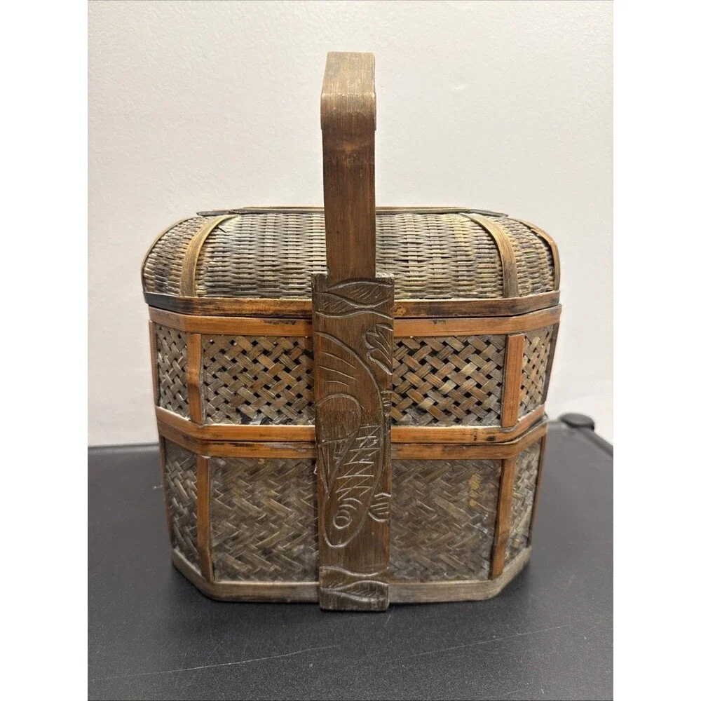 Antique Or Vintage Woven Bamboo Laquer 3-Tier Chinese Wedding Basket Fish Carved